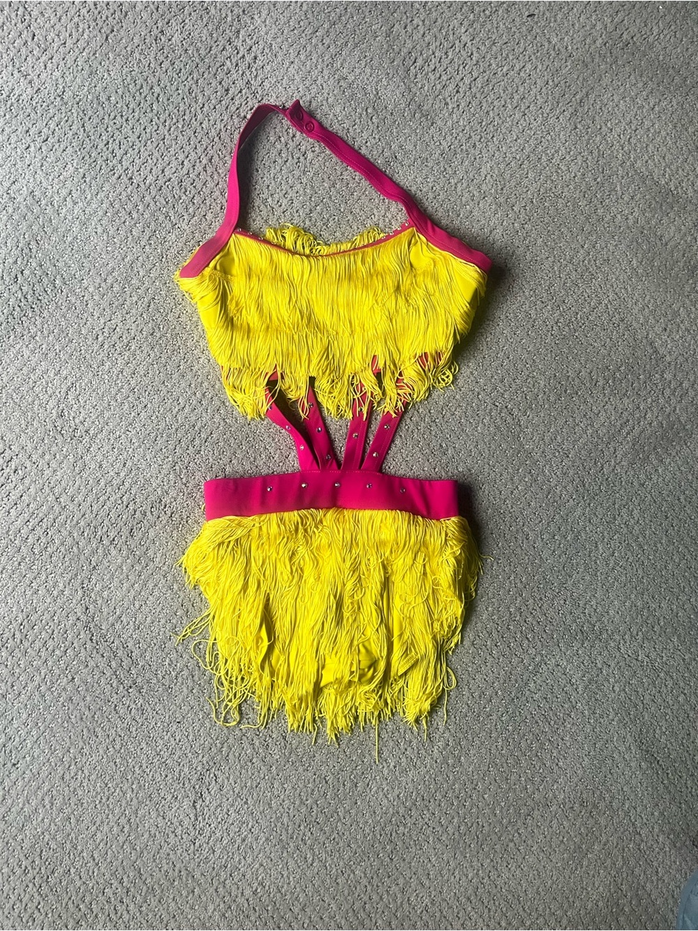 Weissman Neon Yellow Fringe Dance Costume with Pink Trim